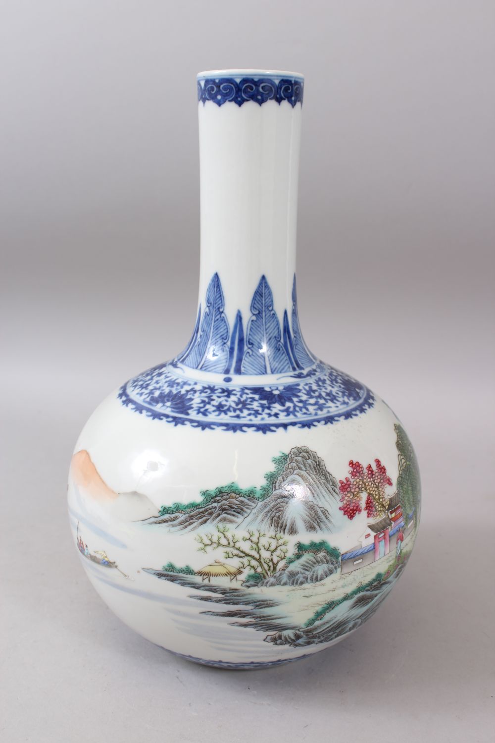 A LARGE 19TH-20TH CENTURY CHINESE BOTTLE VASE painted with a continuous scene of a lake view, - Image 2 of 12