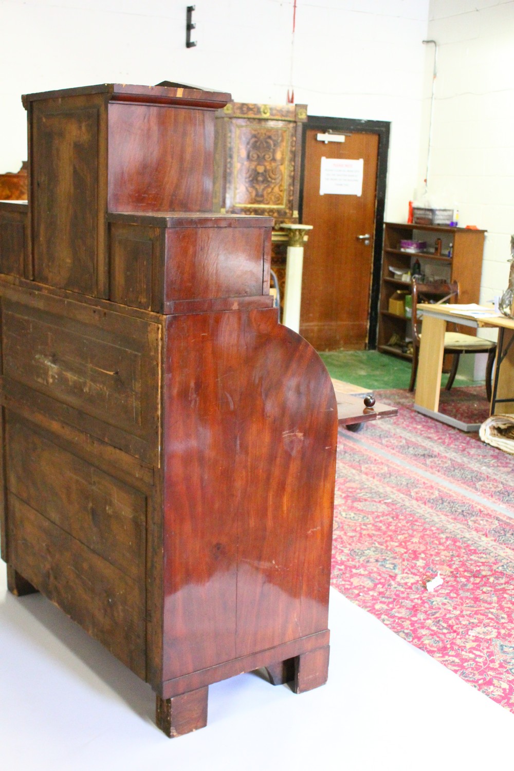 A 19TH CENTURY CONTINENTAL MAHOGANY CYLINDER BUREAU CABINET, the upper section with a central - Image 2 of 20