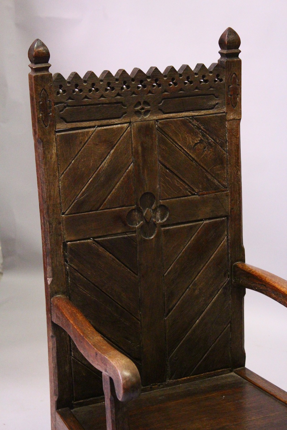 AN 18TH CENTURY AND LATER OAK GOTHIC ARMCHAIR, with pierced and carved cresting, tongue and groove - Image 2 of 9