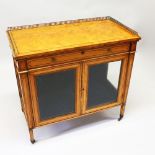 A GOOD LATE 19TH CENTURY SATINWOOD CABINET, with brass galleried top, a frieze drawer over a pair of