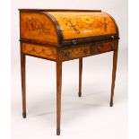 A SUPERB GEORGE III SATINWOOD INLAID CYLINDER BUREAU with urns, scrolls, ribbons and oval. The