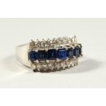 A GOOD 18CT WHITE GOLD, SAPPHIRE AND DIAMOND RING.