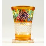 A BOHEMIAN HOBNAIL CUT BEAKER, painted with a band of flowers. 5.5ins high.