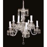 A GOOD CUT GLASS TEN BRANCH TWO-TIER CHANDELIER, with prism drops. 90cms high x 70cms wide.