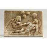 A VERY RARE EARLY CARVED MARBLE PLAQUE, Christ with the angels. 6.5ins long x 4.25ins wide.
