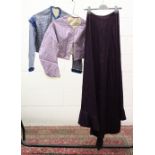 PURPLE SILK BUSTLE SKIRT, with fishtail and two striped silk bone waisted bodices.