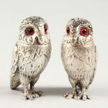 A PAIR OF VICTORIAN NOVELTY SILVER OWL SALT AND PEPPERS. London 1866.
