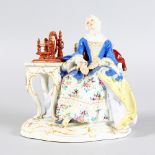 A MEISSEN GROUP OF A LADY, a spinning wheel on a table by her side. Cross swords mark in blue.