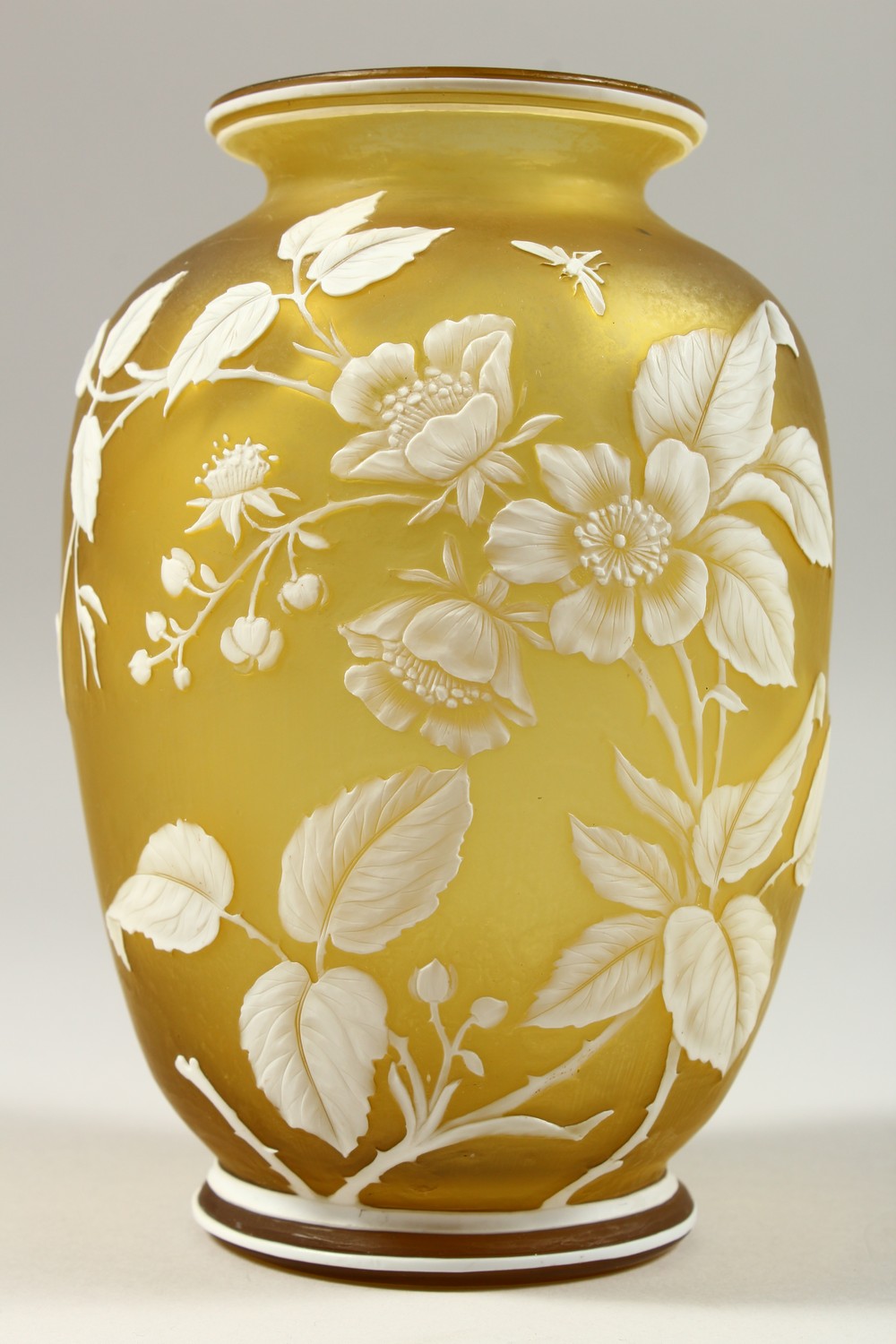 A GOOD YELLOW AND WHITE CAMEO GLASS VASE, with flowers and insects. 7ins high. - Image 2 of 15