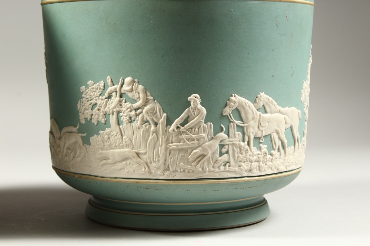 A PAIR OF ADAMS PALE GREEN JASPERWARE STONEWARE CIRCULAR JARDINIERES, one with hunting scenes, the - Image 3 of 24