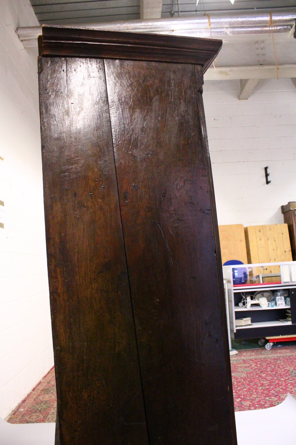 AN 18TH CENTURY OAK BACON CUPBOARD, with a moulded cornice, blind fret decorated frieze above a pair - Image 4 of 13