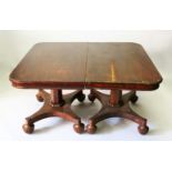 A 19TH CENTURY MAHOGANY EXTENDING DINING TABLE, comprising a pair of "D" shaped pedestals with a