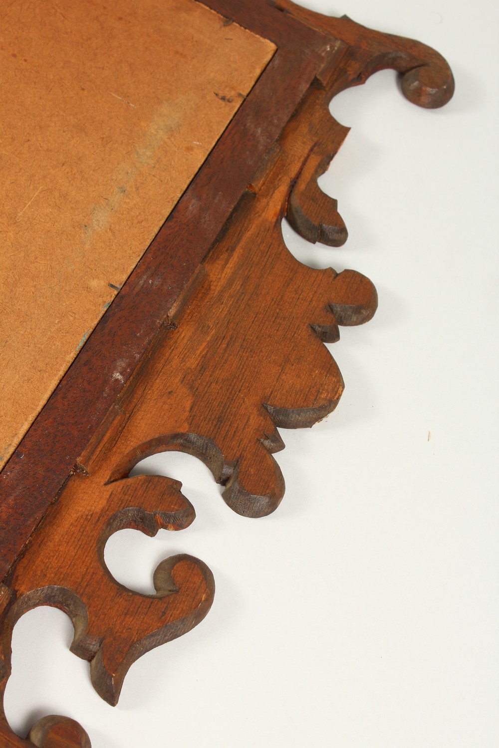 A GEORGE III STYLE MAHOGANY FRETWORK FRAMED WALL MIRROR. 70cms high x 44cms wide. - Image 7 of 8