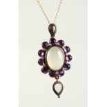 A 9CT GOLD AND SILVER, MOONSTONE, AMETHYST AND DIAMOND PENDANT on a chain.