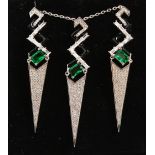A PAIR OF SILVER SET, GREEN PASTE AND EMERALD DECO STYLE EARRINGS AND PENDANT.