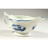 AN 18TH CENTURY WORCESTER BLUE AND WHITE SAUCEBOAT, Circa. 1765, Rare Pattern Little Fisherman. 6.