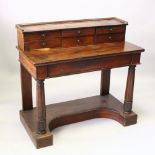 A 19TH CENTURY MAHOGANY SIDE TABLE, the upper section with six small drawers, the base with a long