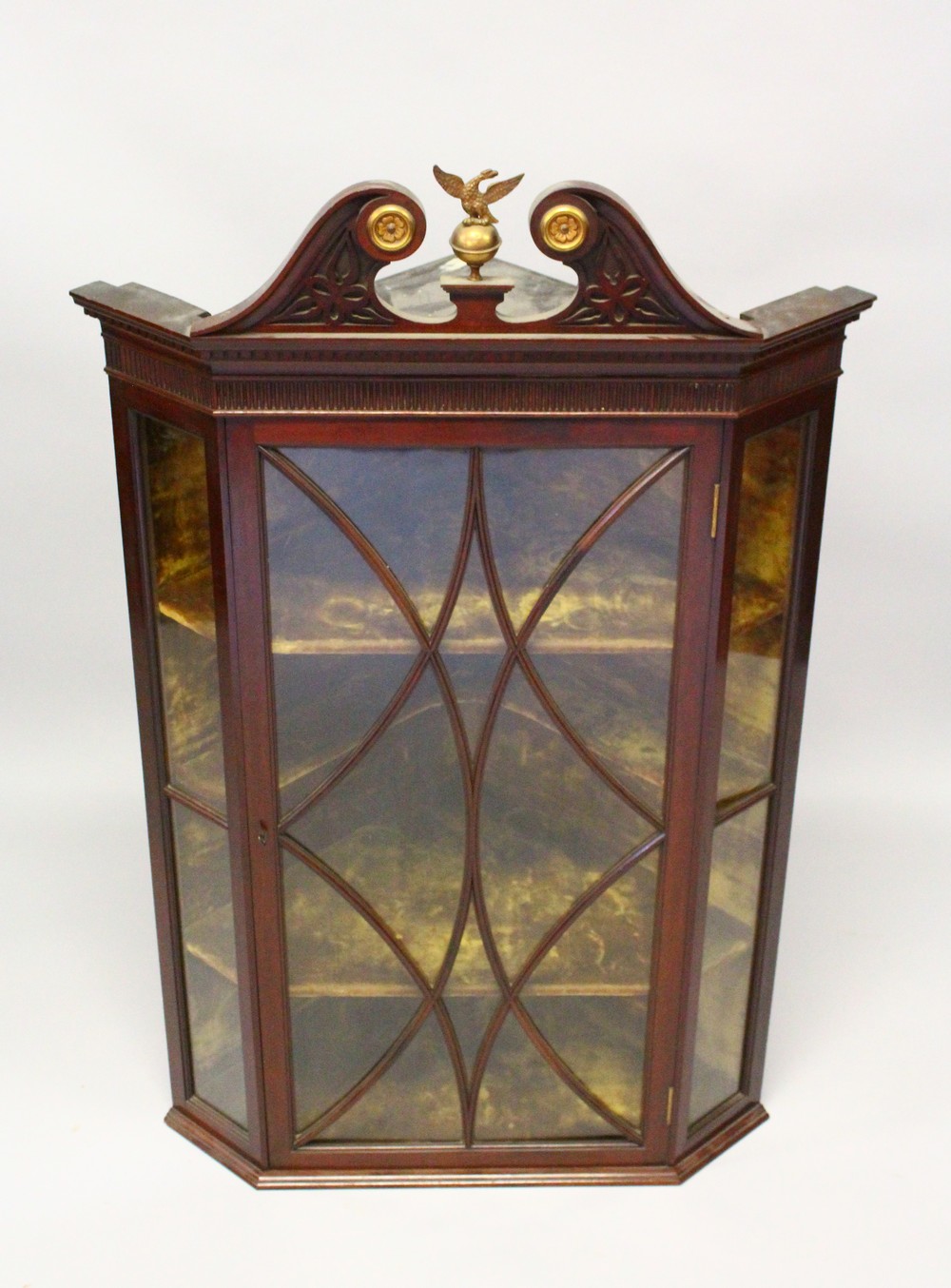 A GEORGE III DESIGN MAHOGANY CORNER CABINET, on associated stand, with pierced swan neck cresting, - Image 4 of 13
