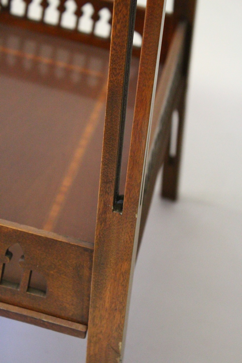 AN EDWARDIAN MAHOGANY AND INLAID TWO-TIER OCCASIONAL TABLE, on pierced square legs. 58cms wide x - Image 8 of 9