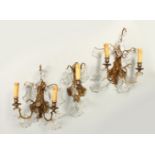 A PAIR OF ITALIAN STYLE TWO BRANCH WALL APPLIQUES, with large cut glass drops; together with the