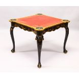 A GEORGE III STYLE LACQUER GAMING TABLE, EARLY 20TH CENTURY, with red Morocco leather surface, a