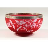 A SUPERB THOMAS WEBB RED AND WHITE CAMEO GLASS CIRCULAR SALAD BOWL, with silver band. Signed. 9ins