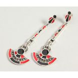 A PAIR OF ART DECO DESIGN SILVER, CORAL AND ONYX DROP EARRINGS.