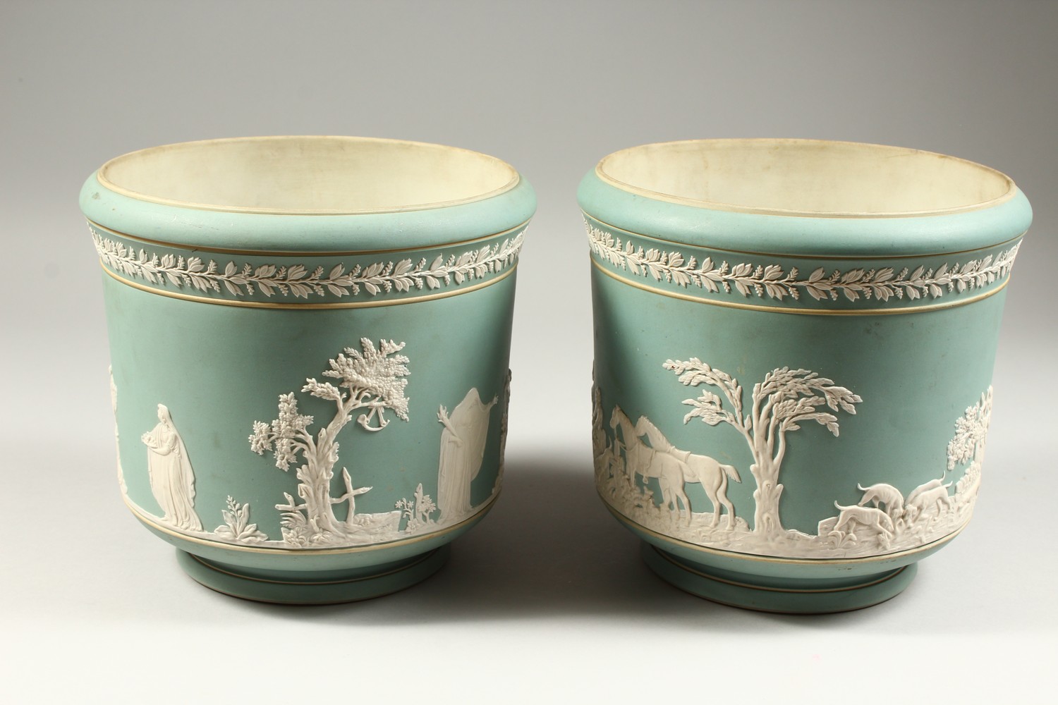 A PAIR OF ADAMS PALE GREEN JASPERWARE STONEWARE CIRCULAR JARDINIERES, one with hunting scenes, the - Image 5 of 24