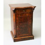 A VICTORIAN MAHOGANY PEDESTAL CUPBOARD, with a shaped top, single drawer and cupboard door, on a