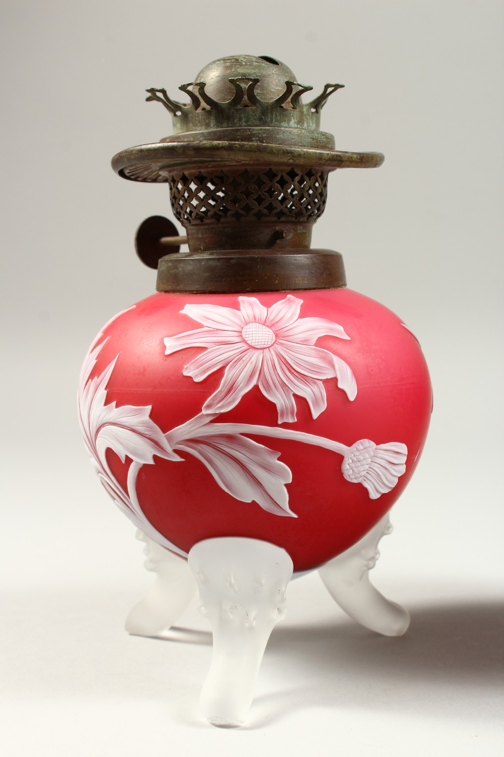 A PAIR OF RED AND WHITE CAMEO GLASS OIL LAMP BASES, with flowers, leaves and thistles. 7.5ins high. - Image 5 of 13