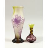 TWO FRENCH OVERLAY GLASS CAMEO VASES. 10ins and 5ins high.