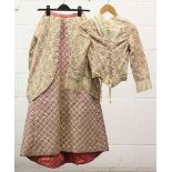 VICTORIAN BUSTLE SKIRT, pink silk underskirt with cotton ruched panels over the top; along with