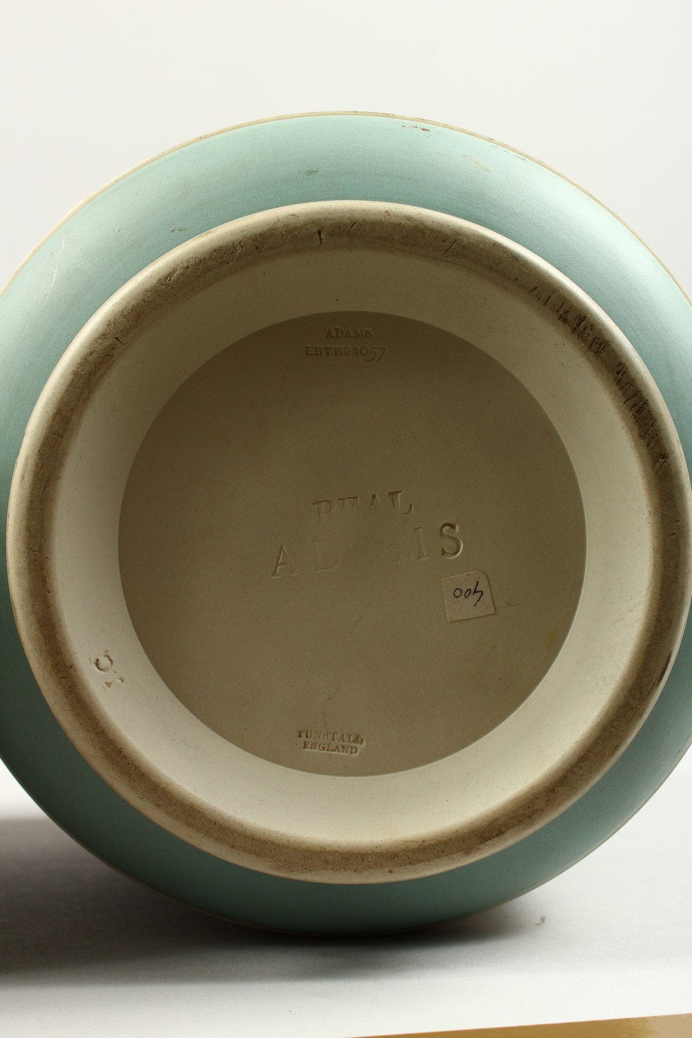 A PAIR OF ADAMS PALE GREEN JASPERWARE STONEWARE CIRCULAR JARDINIERES, one with hunting scenes, the - Image 20 of 24