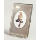 AN ENGINE TURNED CIGARETTE CASE, with an enamel oval of a glamour girl. Birmingham 1928.