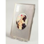 AN ENGINE TURNED CIGARETTE CASE, with an enamel oval of a glamour girl with a rose, marked