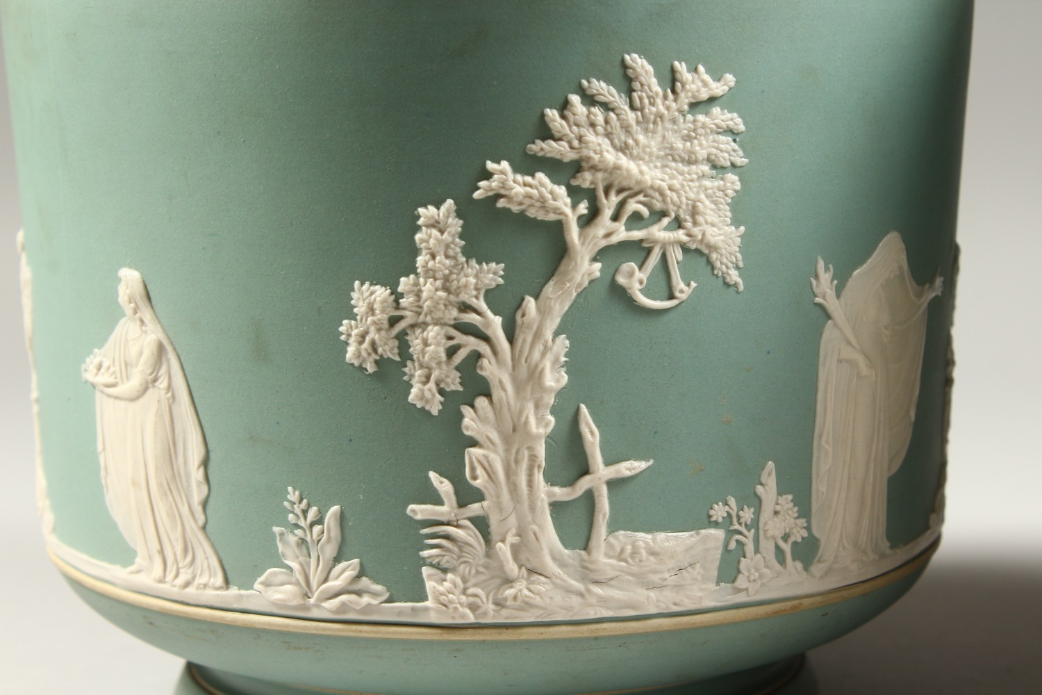 A PAIR OF ADAMS PALE GREEN JASPERWARE STONEWARE CIRCULAR JARDINIERES, one with hunting scenes, the - Image 9 of 24