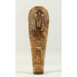 AN EGYPTIAN CARVED STONE USHABTI. 27cms high.