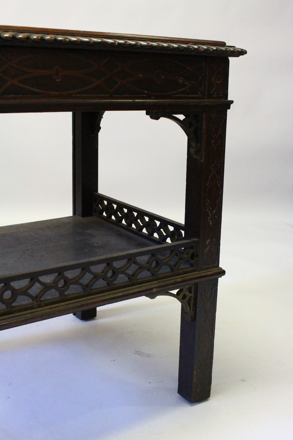 A CHIPPENDALE REVIVAL TWO-TIER MAHOGANY TABLE, with gadrooned edge, blind fret frieze, galleried - Image 4 of 7