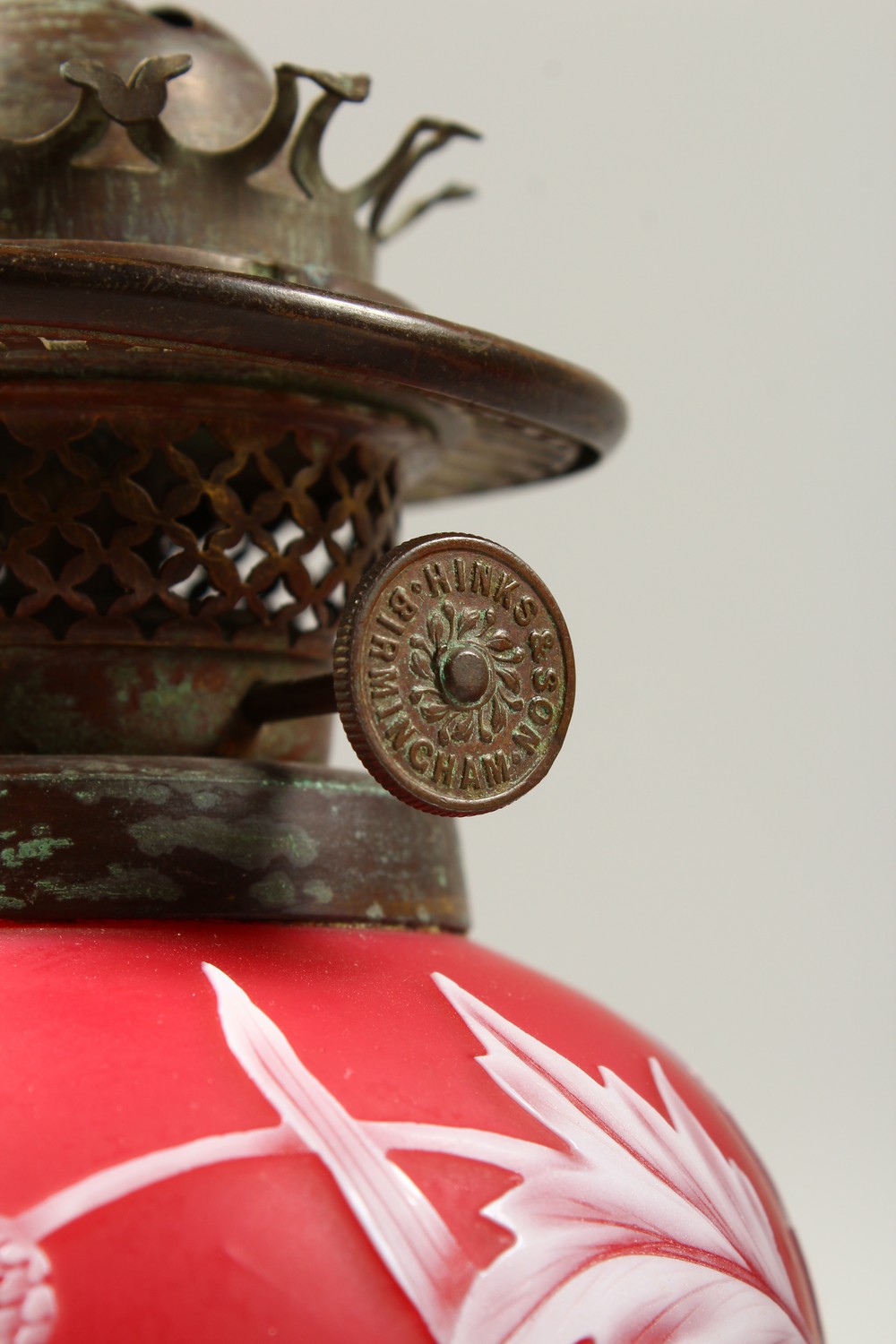 A PAIR OF RED AND WHITE CAMEO GLASS OIL LAMP BASES, with flowers, leaves and thistles. 7.5ins high. - Image 3 of 13