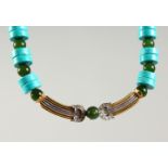 A VERY FINE JADE, TURQUOISE AND DIAMOND 18CT GOLD NECKLACE.