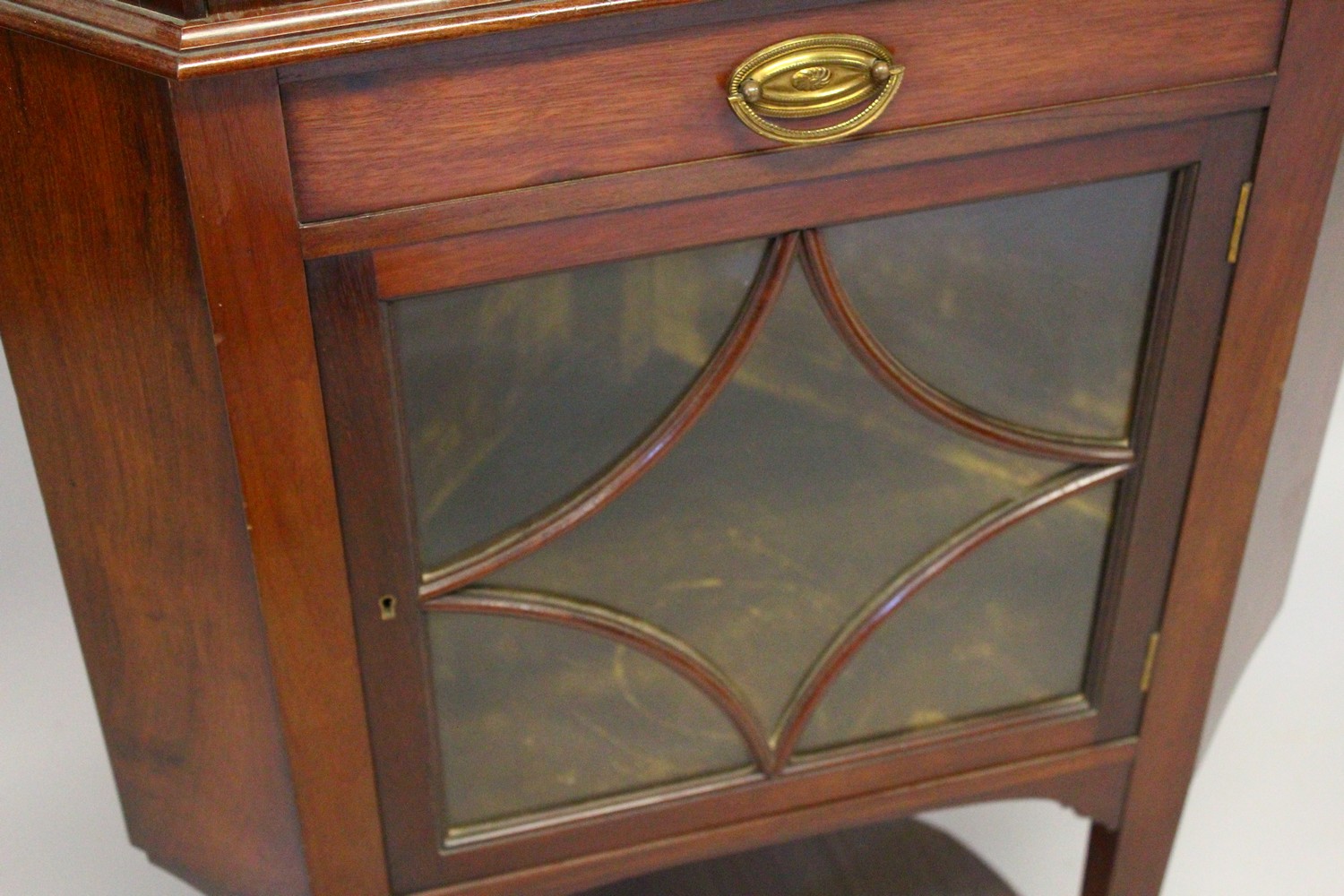 A GEORGE III DESIGN MAHOGANY CORNER CABINET, on associated stand, with pierced swan neck cresting, - Image 2 of 13