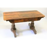A GOOD REGENCY ROSEWOOD LIBRARY TABLE, with rounded rectangular top, two panelled frieze drawers