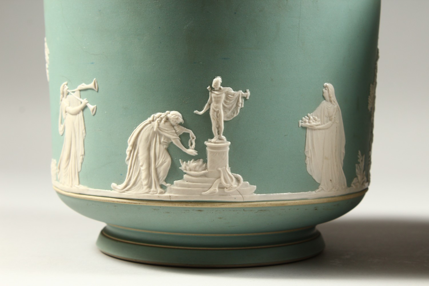 A PAIR OF ADAMS PALE GREEN JASPERWARE STONEWARE CIRCULAR JARDINIERES, one with hunting scenes, the - Image 2 of 24
