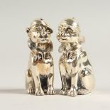 A PAIR OF SOLID SILVER DOG WITH HAT AND COLLAR SALT AND PEPPERS.