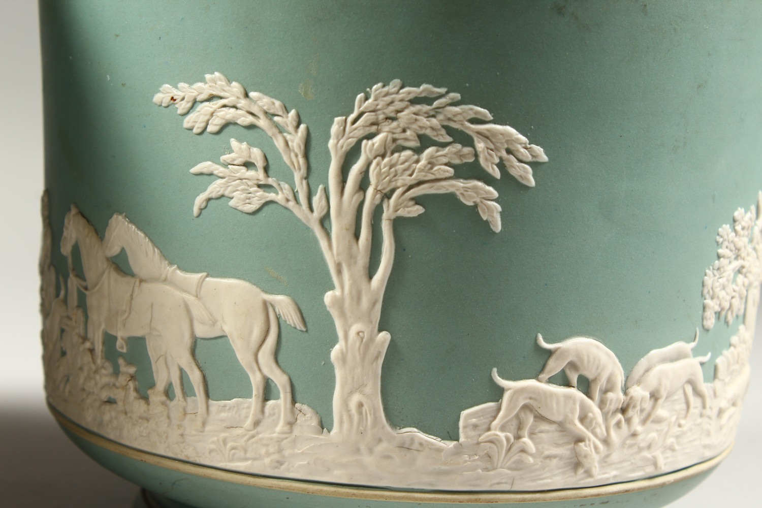 A PAIR OF ADAMS PALE GREEN JASPERWARE STONEWARE CIRCULAR JARDINIERES, one with hunting scenes, the - Image 10 of 24
