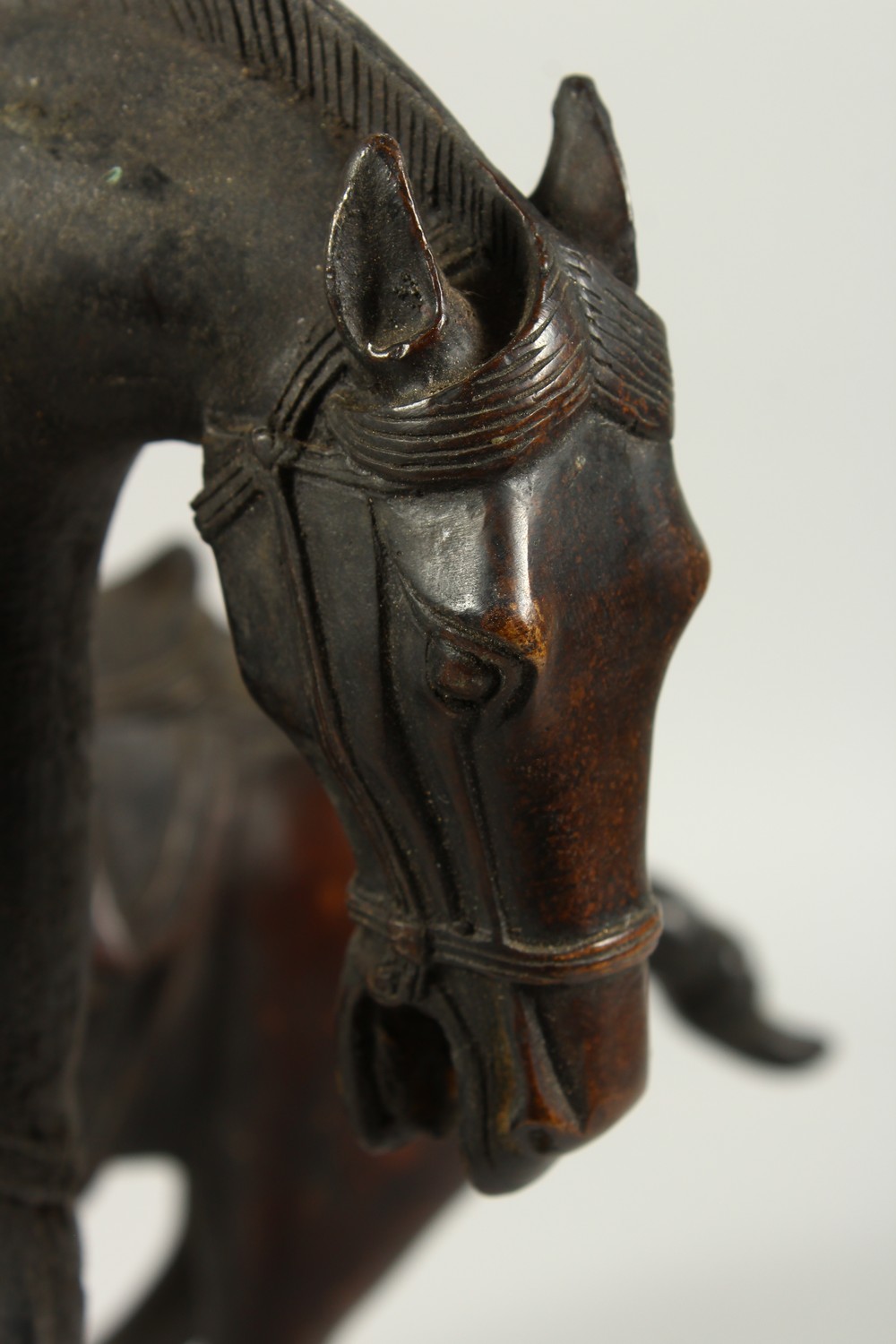 A PAIR OF BRONZE TANG STYE STANDING HORSES. 29cms high. - Image 3 of 6