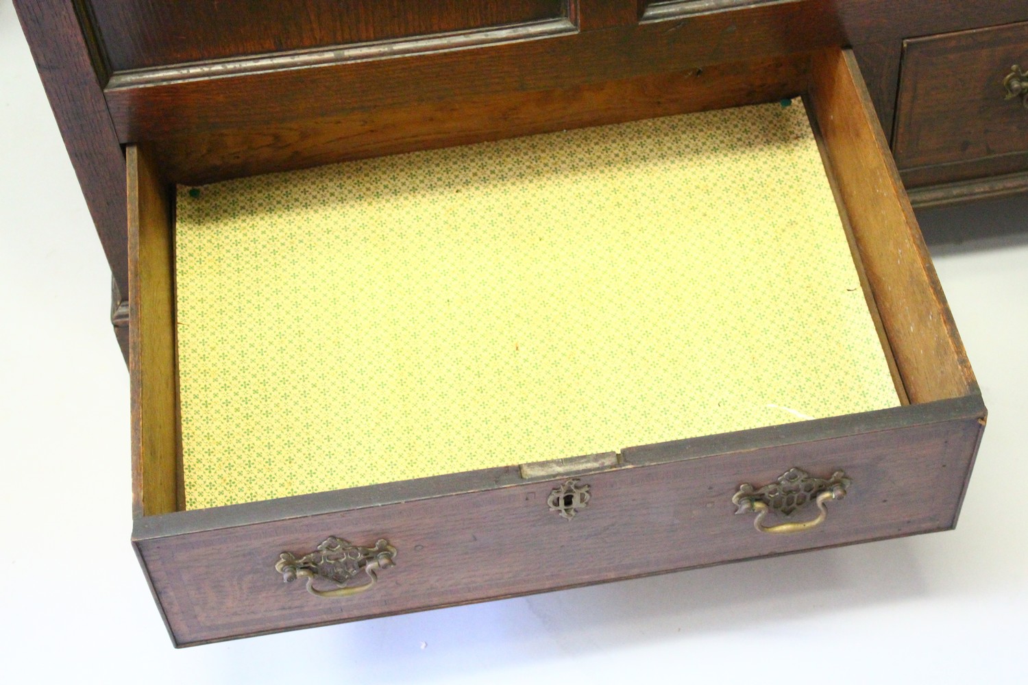 A 19TH CENTURY OAK COFFER BACK, with a plain plank top, triple panel front and two drawers, on - Image 8 of 11