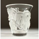 A LALIQUE VASE, with moulded grape and vine decoration, engraved Lalique, France. 13cms high.