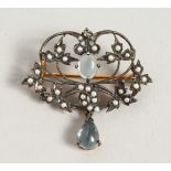 A 9CT GOLD, DIAMOND, PEARL AND BLUE TOPAZ BROOCH.