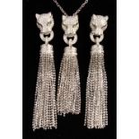 A GOOD SILVER CARTIER DESIGN PANTHER NECKLACE AND EARRINGS.